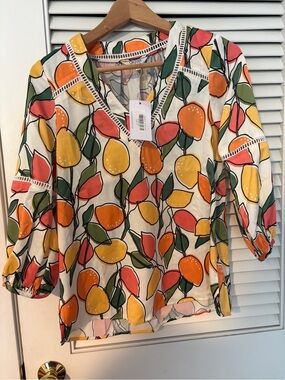 CROSBY by Mollie Burch V-Neck Citrus Print Blouse in Yellow, Orange, Pink, Green